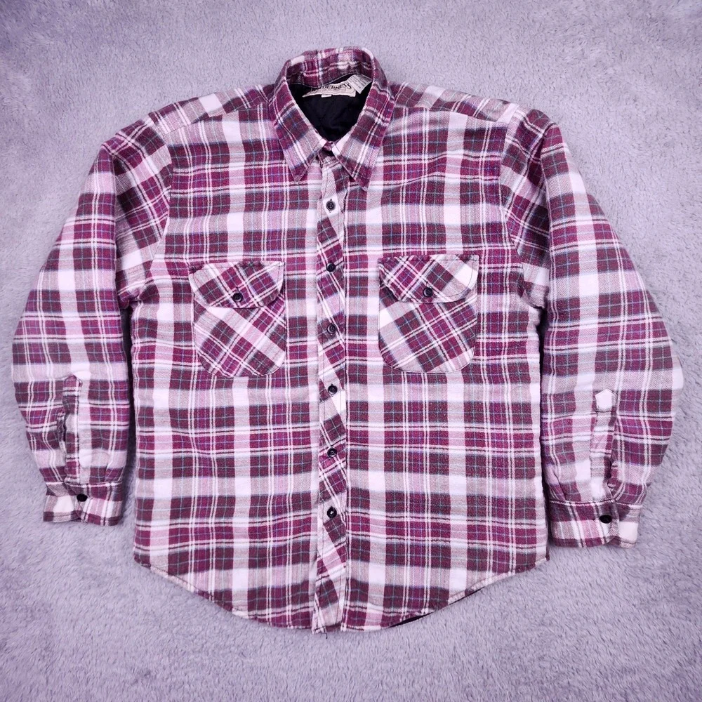 Wilderness Flannel Shirt Jacket Mens Medium Maroon Plaid Quilted Lined Outdoors